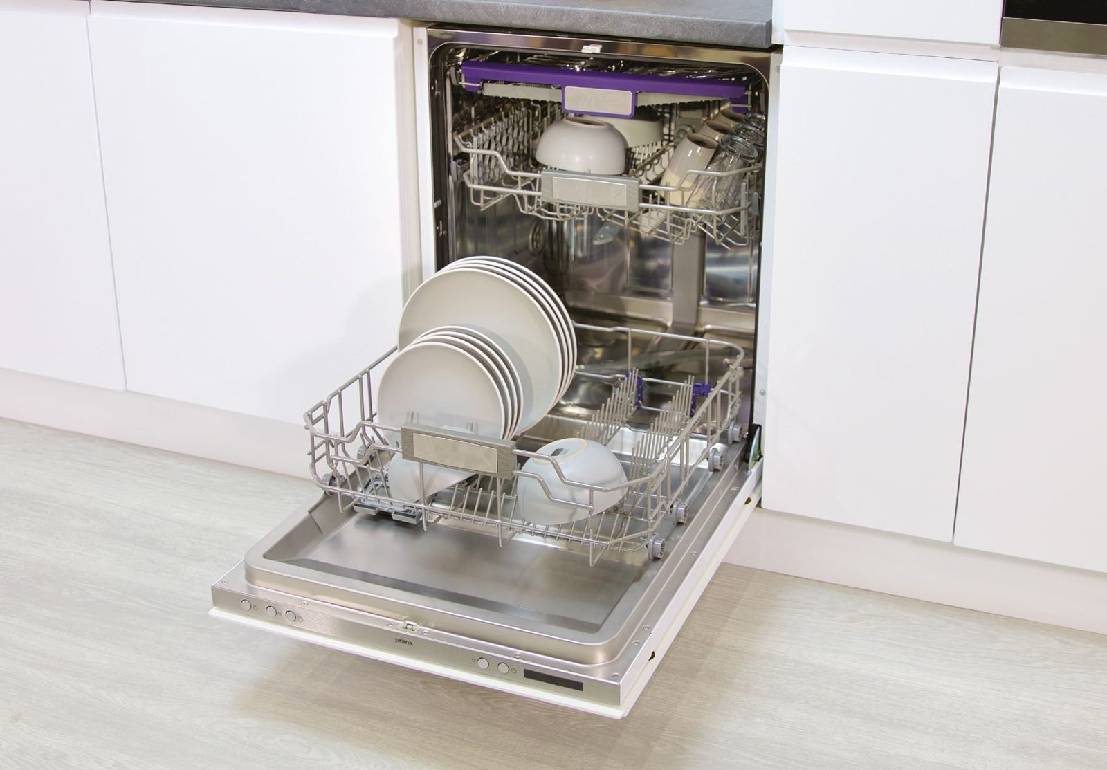 Integrated dishwasher with door open
