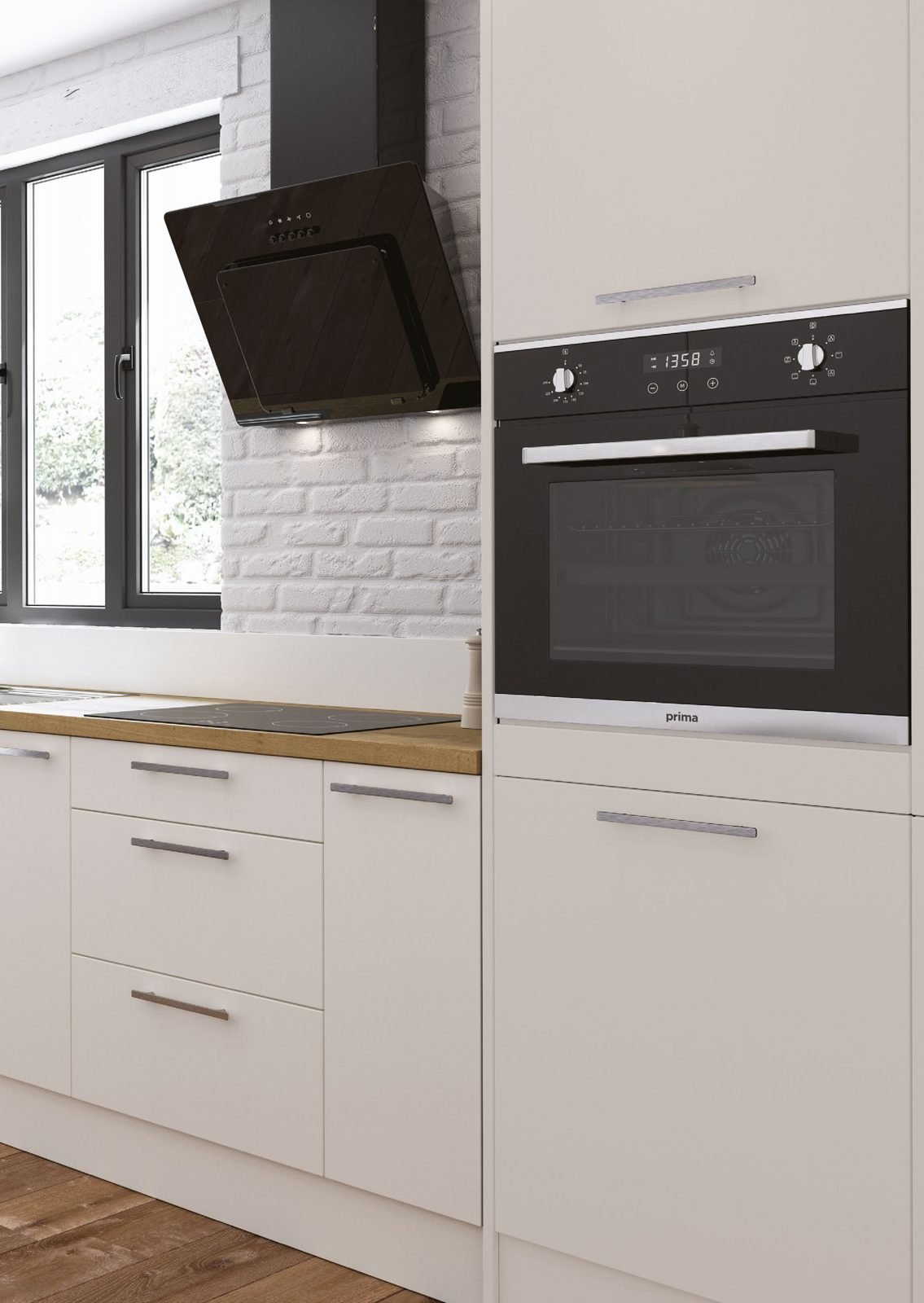 Built-in oven and angled black hood in a white kitchen