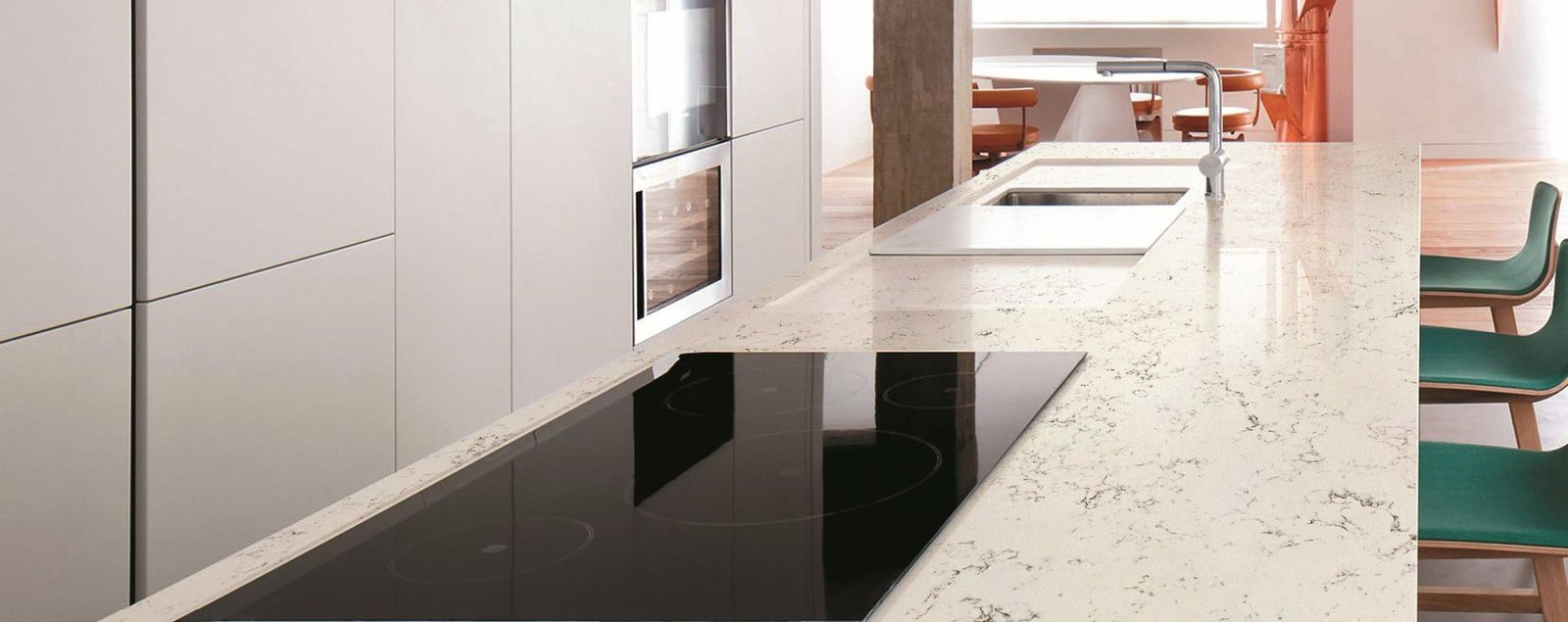 Carrara White quartz worktops in a kitchen