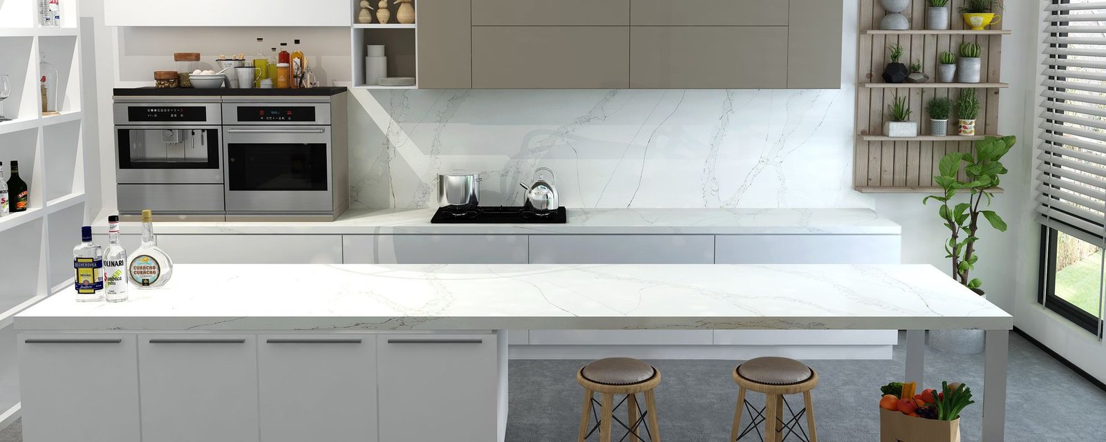 Calacatta Gold quartz worktops in a kitchen