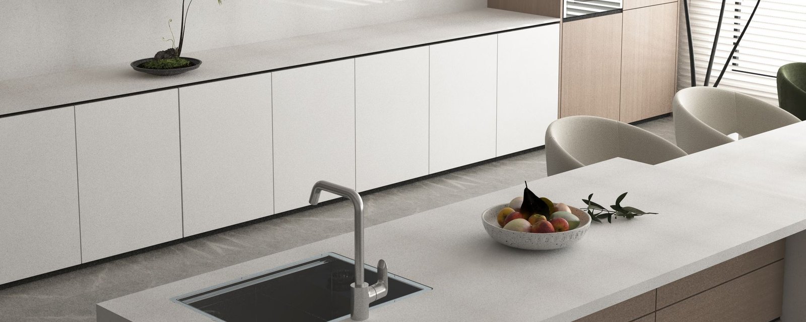 Bianco Shimmer quartz worktops in a kitchen