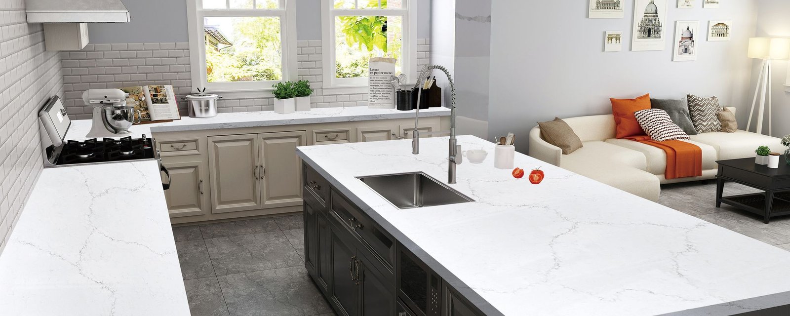 Bianco Misterio quartz worktops in a kitchen