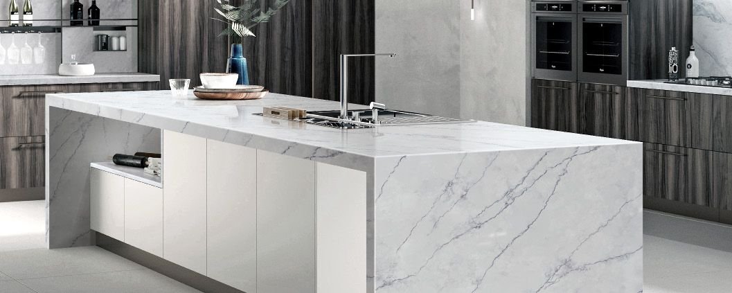 Santorini quartz worktops in a kitchen