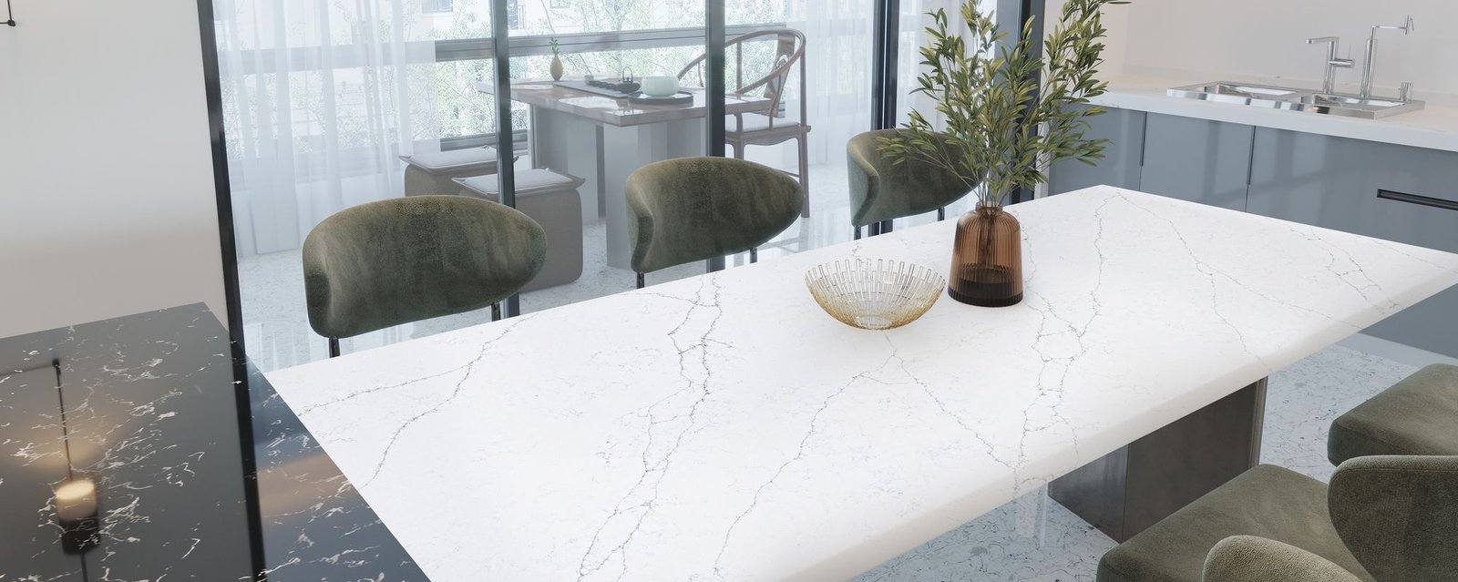 Arctic White quartz worktops in a kitchen