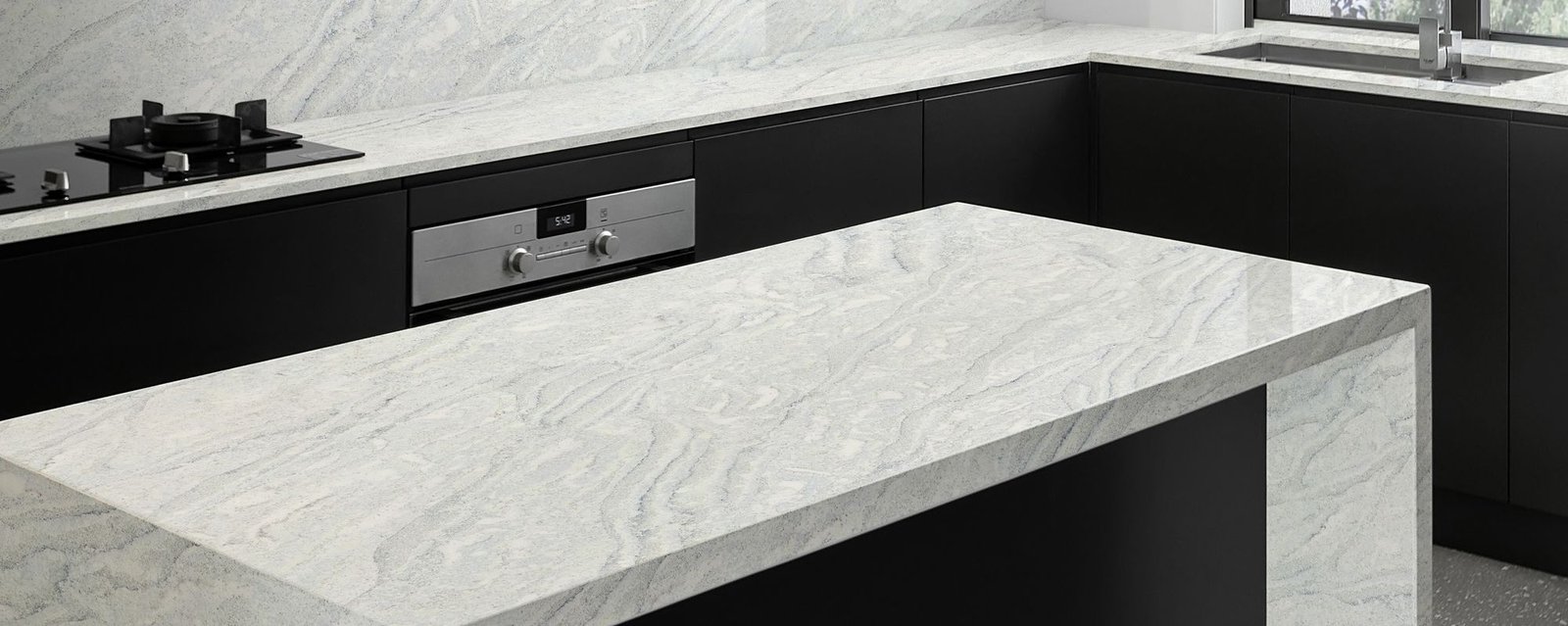Pacific Blue quartz worktops in a kitchen