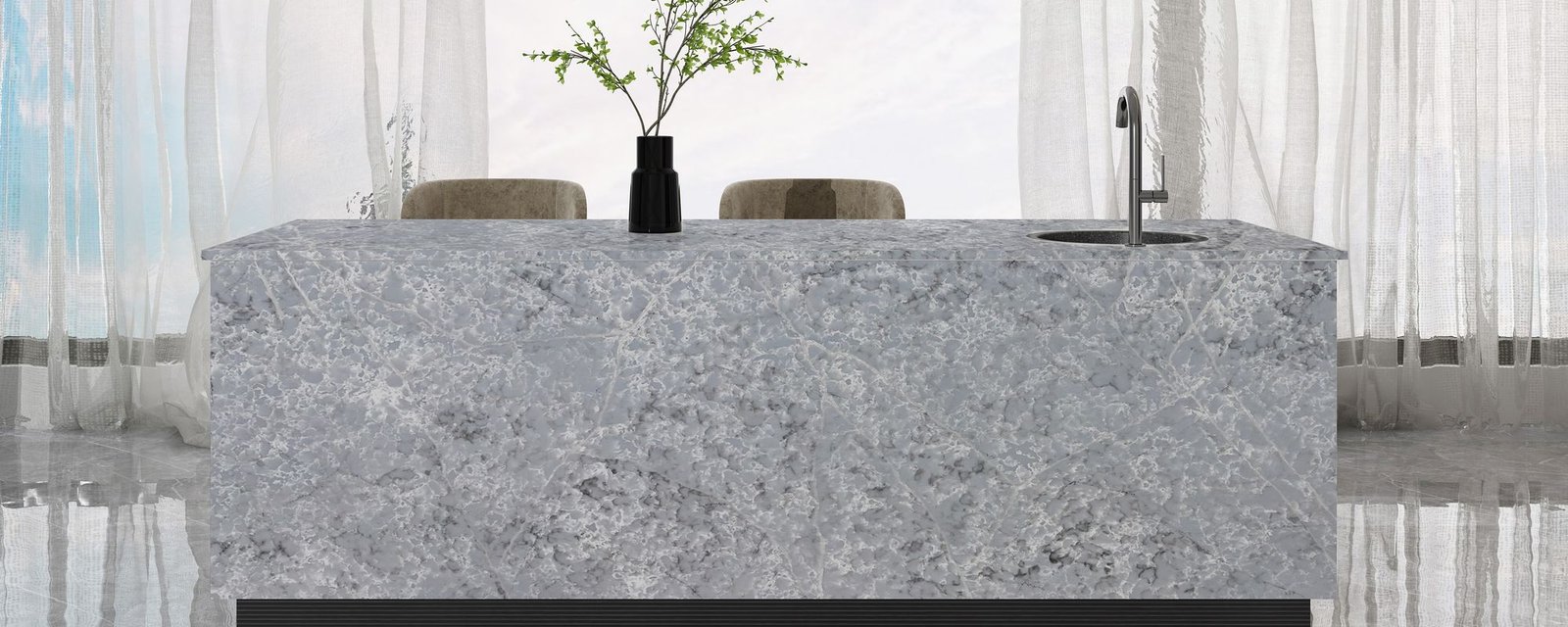 Glacier Forest quartz worktops in a kitchen