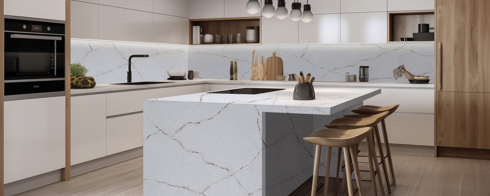 Royal Oro quartz worktops in a kitchen
