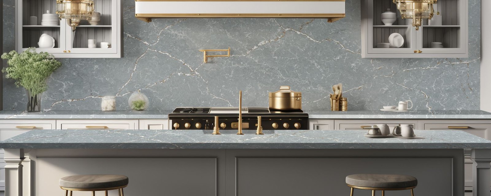 Royal Sky quartz worktops in a kitchen
