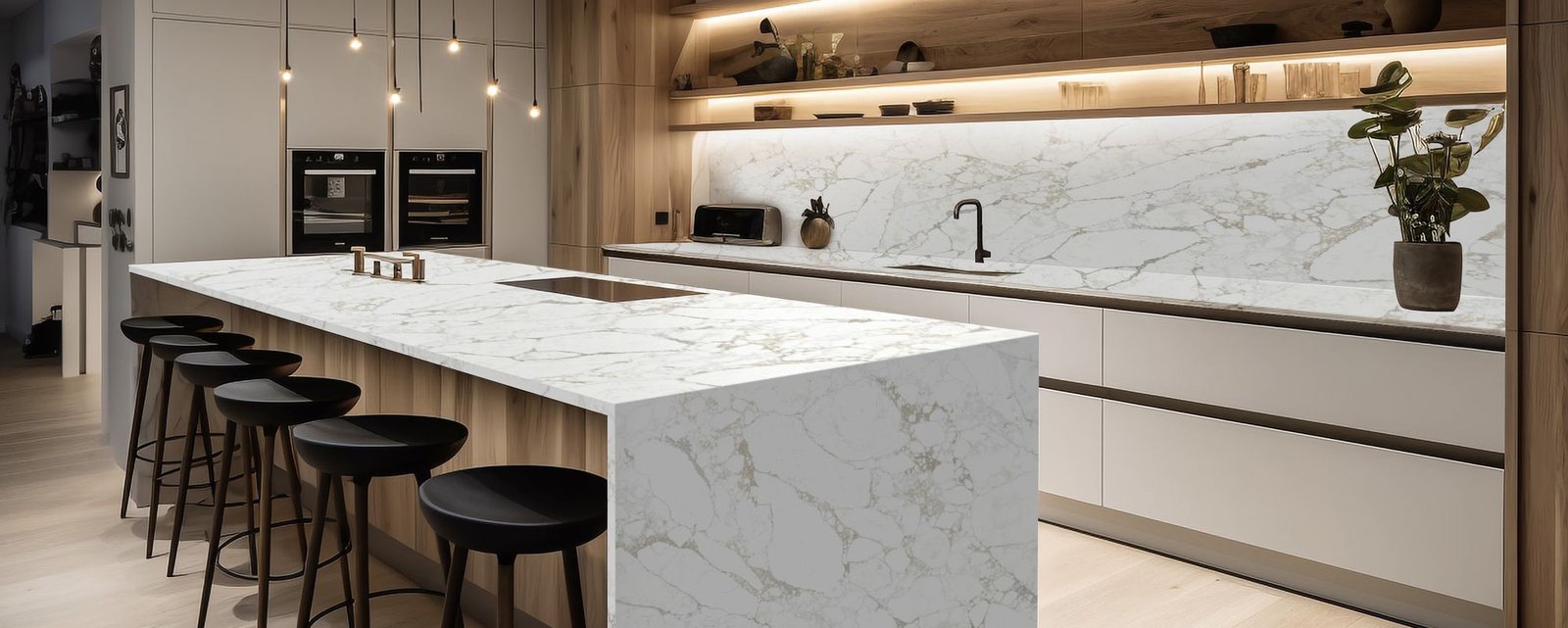 Lydia Gold quartz worktops in a kitchen