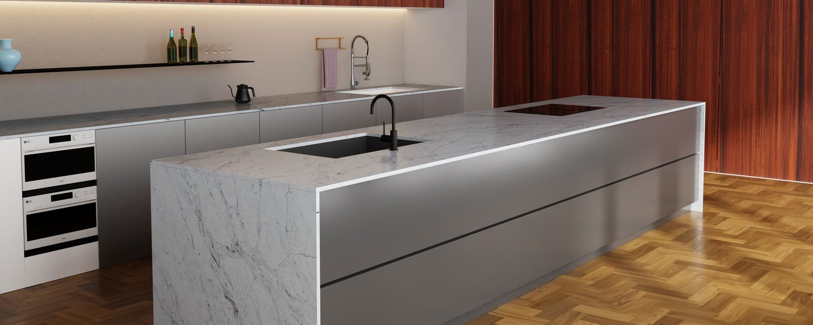 Montebello quartz worktops in a kitchen
