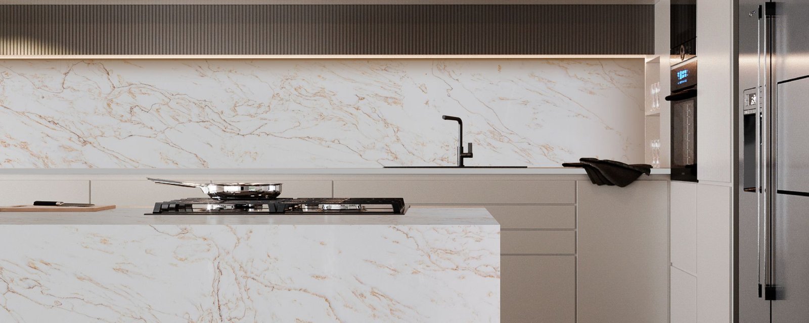 Arabescato Oro quartz worktops in a kitchen