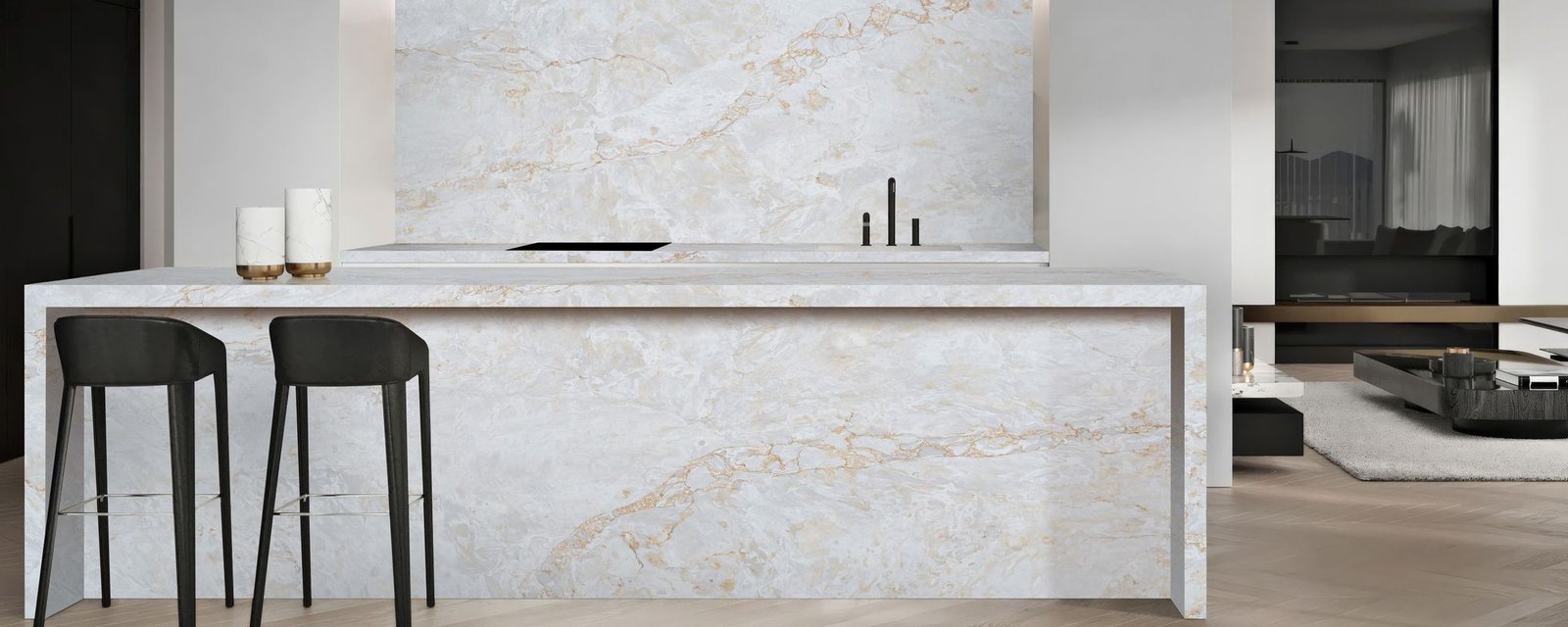 Calacatta Portugal quartz worktops in a kitchen