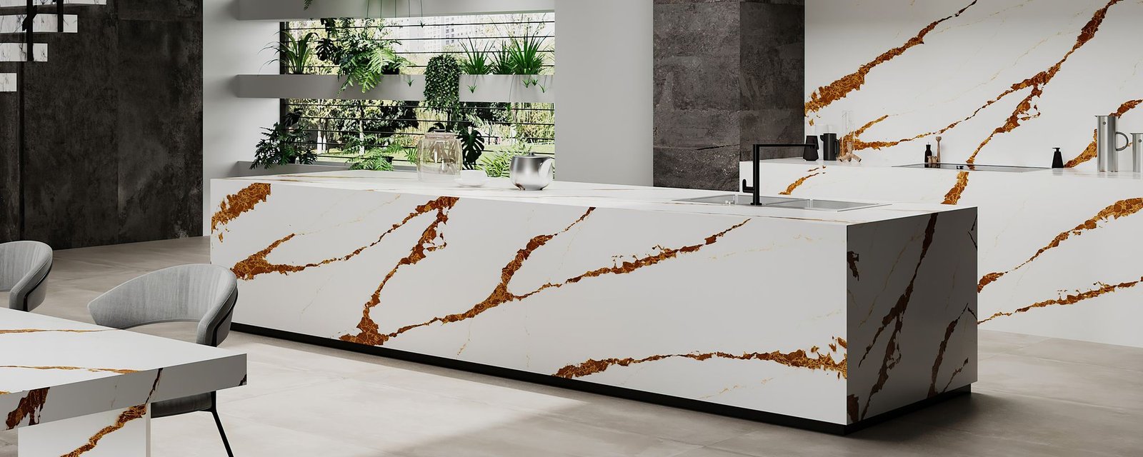 Glitter Lava quartz worktops in a kitchen