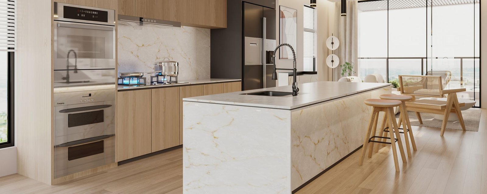 Tornado Oro quartz worktops in a kitchen